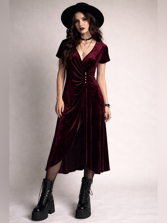 Robbie Bee Dresses & Skirts - Vintage Robbie Bee Burgundy Velvet  Surplice Rockabilly Grunge Dress Size 10